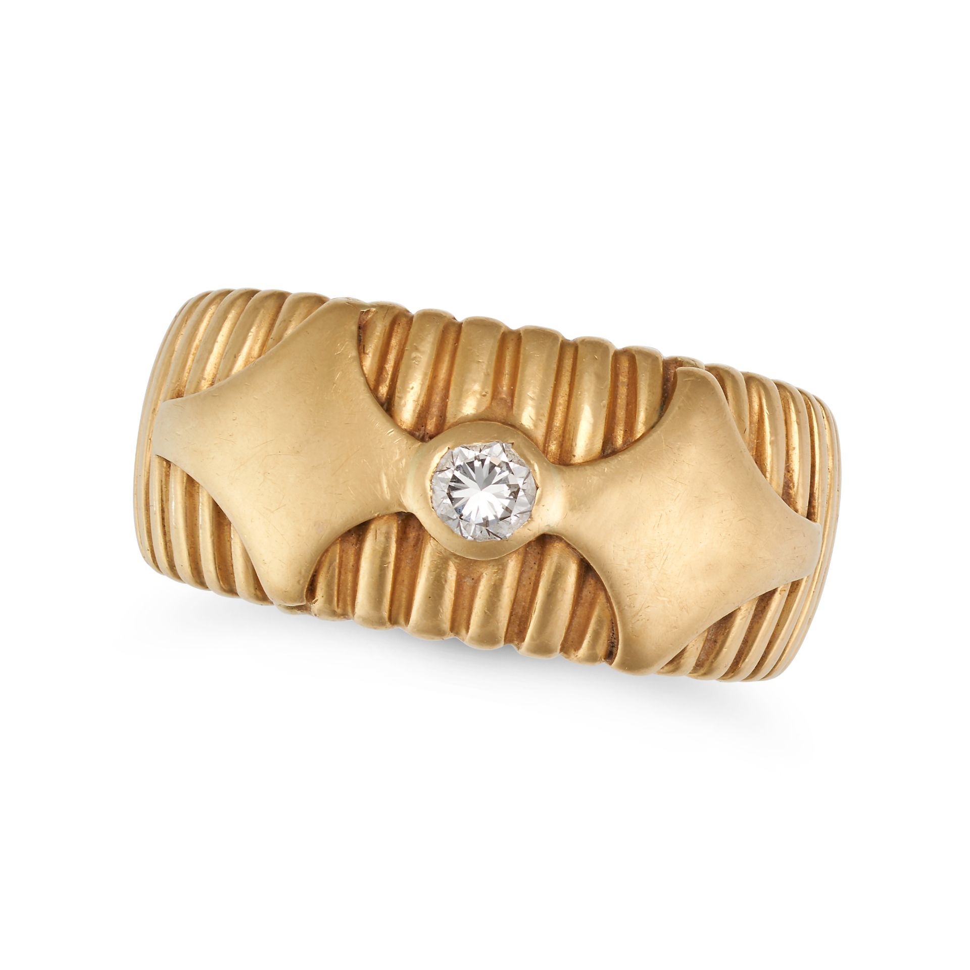 A DIAMOND DRESS RING in 18ct yellow gold, set with a diamond on a thick gold band, no assay marks...