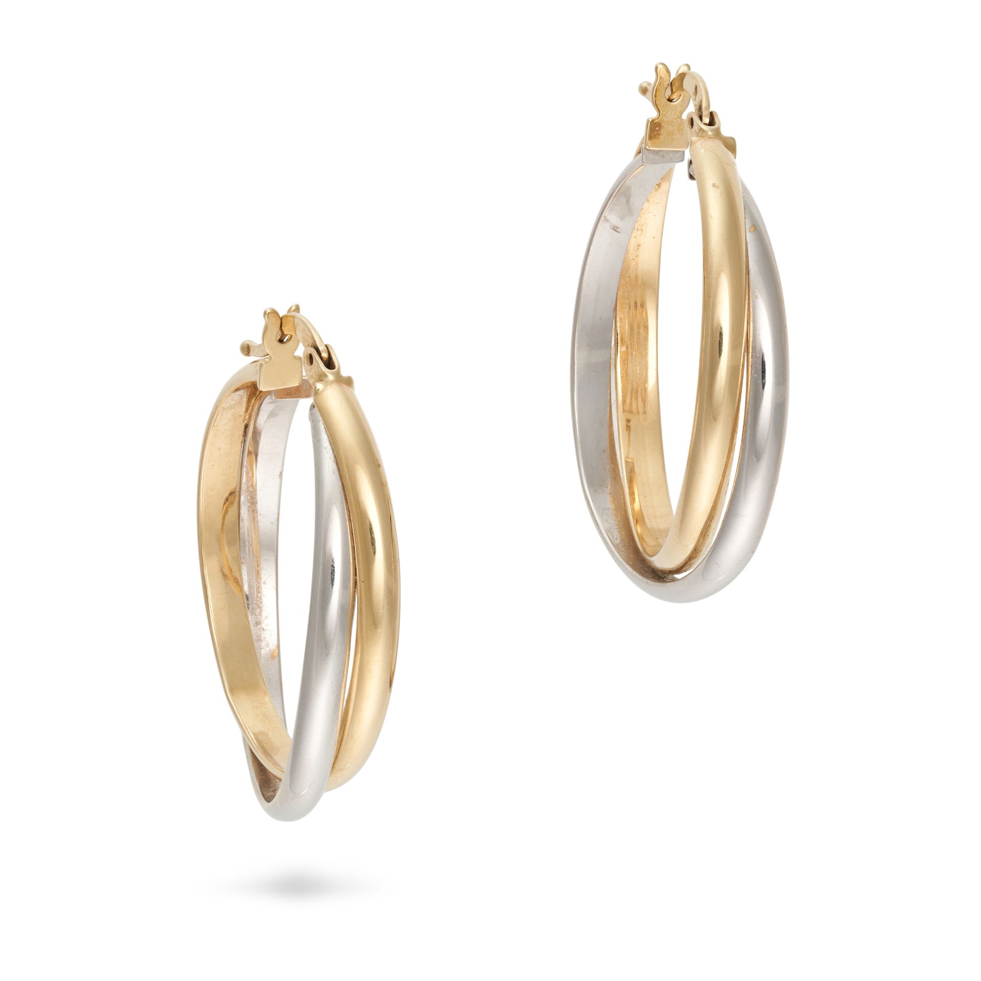A PAIR OF HOOP EARRINGS in 14ct gold, interlocking white and yellow gold hoops, stamped 585, 3.7g.