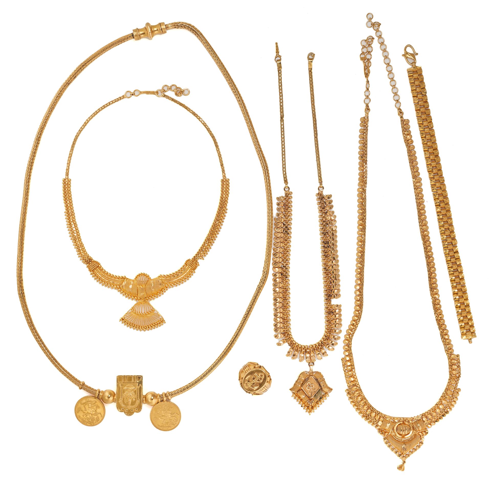A MIXED LOT OF GOLD JEWELLERY in high carat yellow gold, comprising a thali necklace, no assay ma...