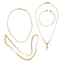 A MIXED LOT OF GOLD JEWELLERY in 22ct gold, comprising two necklaces, one pendant necklace and a ...