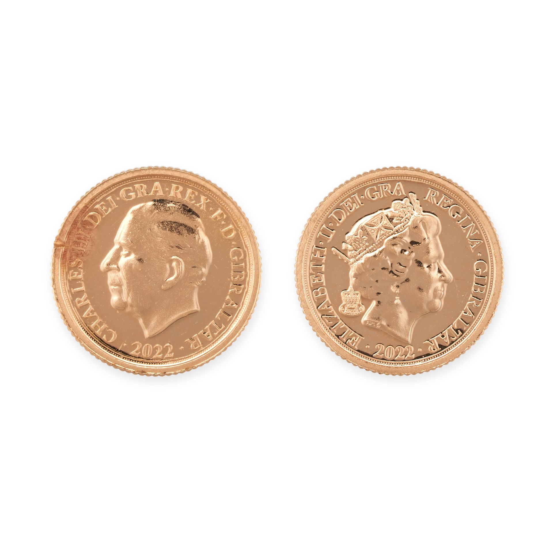 TWO GIBRALTAR COINS one bearing King Charles III to one side with himself and Queen Elizabeth II ...