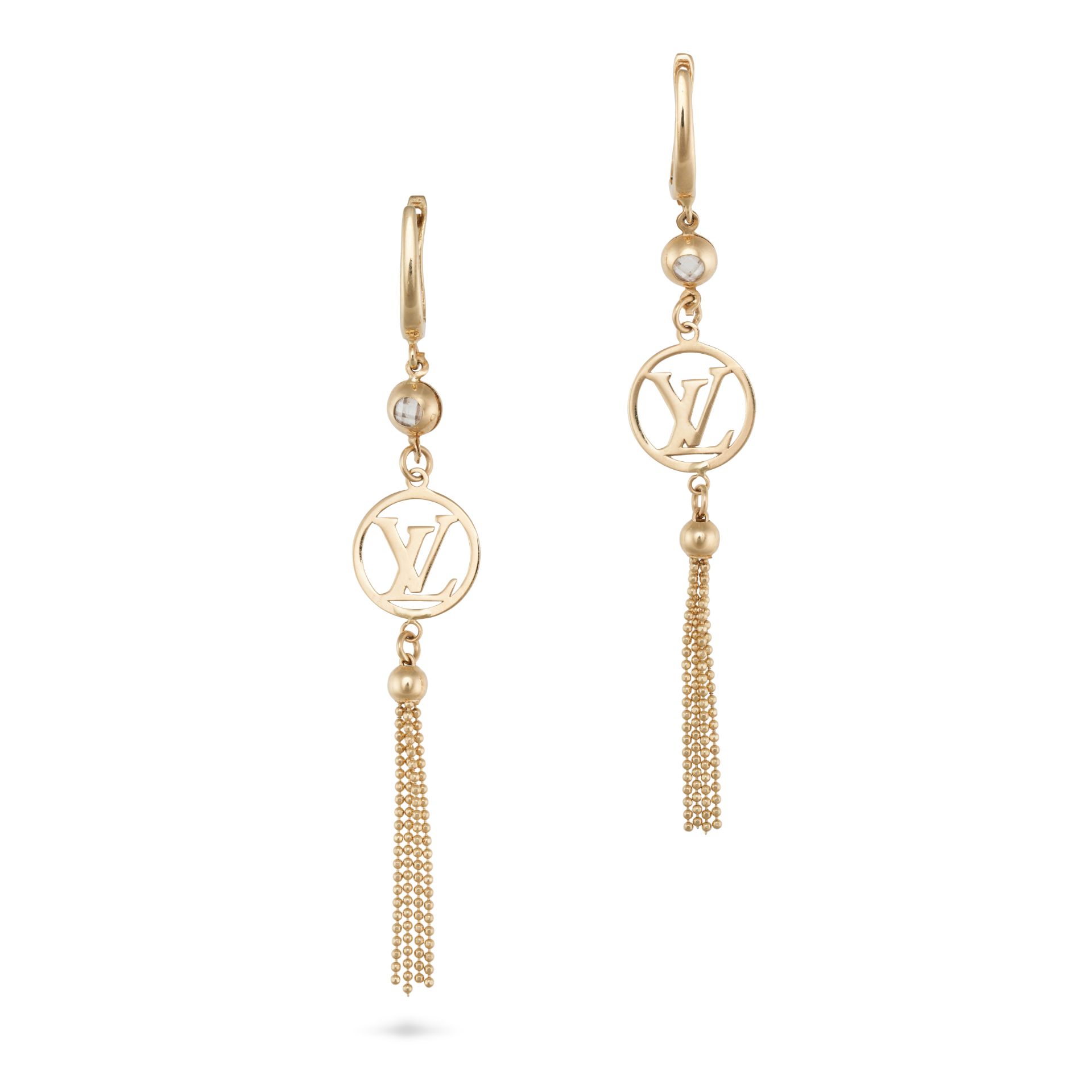 A PAIR OF EARRINGS in 14ct yellow gold, displaying a logo suspending a tassel, stamped 585, 8.0cm...