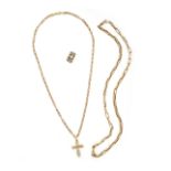 A MIXED LOT OF GOLD JEWELLERY in 14ct gold, comprising two necklaces, one with crucifix, both cla...