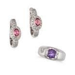 AN AMETHYST AND DIAMOND RING AND PAIR OF PINK TOURMALINE AND DIAMOND EARRINGS in 18ct white gold,...