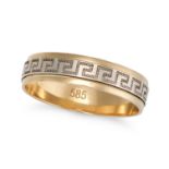 A GOLD MEANDER RING in 14ct gold, a gold band accented by rotating white band featuring a Greek m...