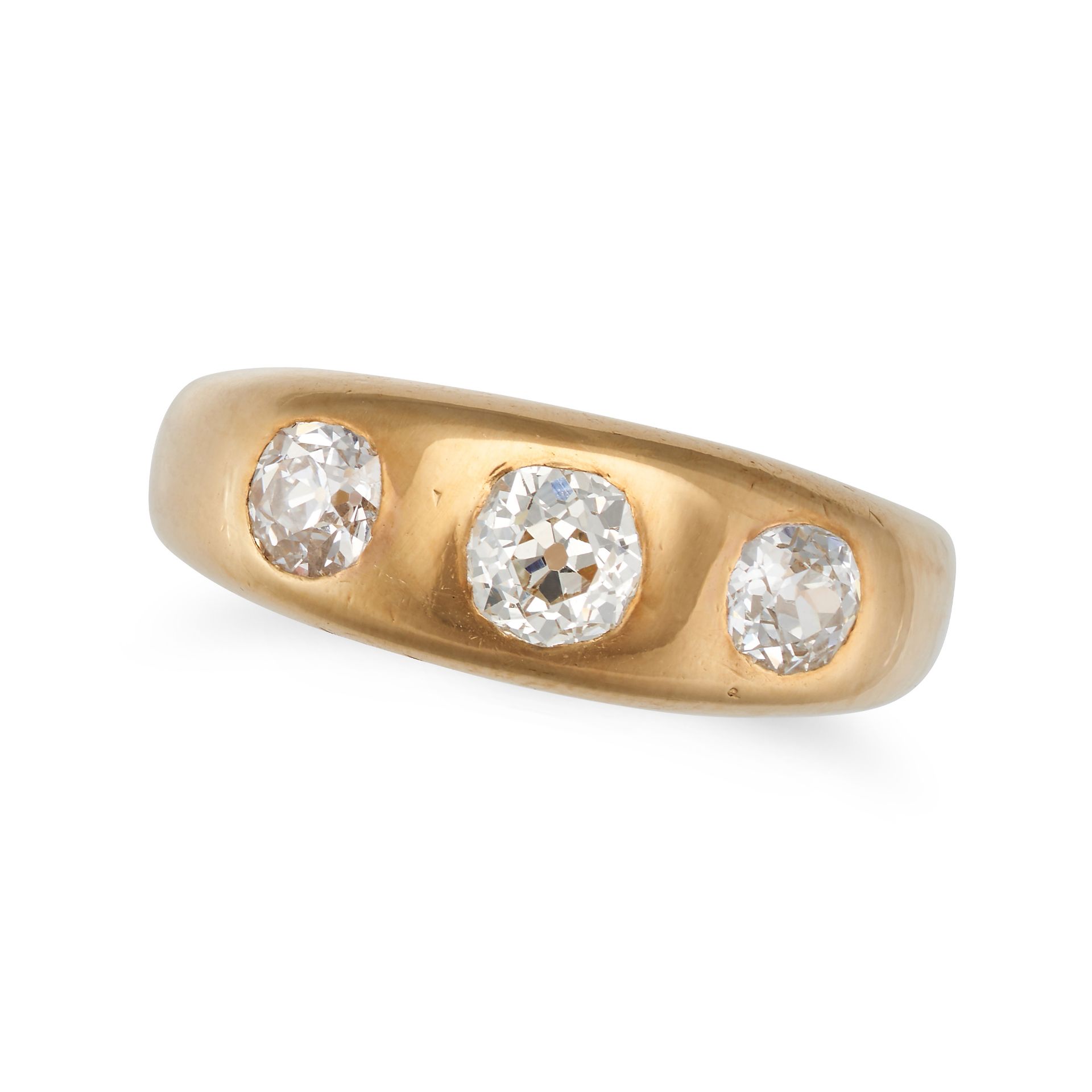 A THREE STONE DIAMOND GYPSY RING, in 18ct yellow gold, set with three old cut diamonds, stamped 1...