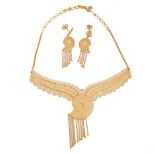 A GOLD NECKLACE AND EARRINGS SUITE in high carat yellow gold, the pendant necklace with matching ...