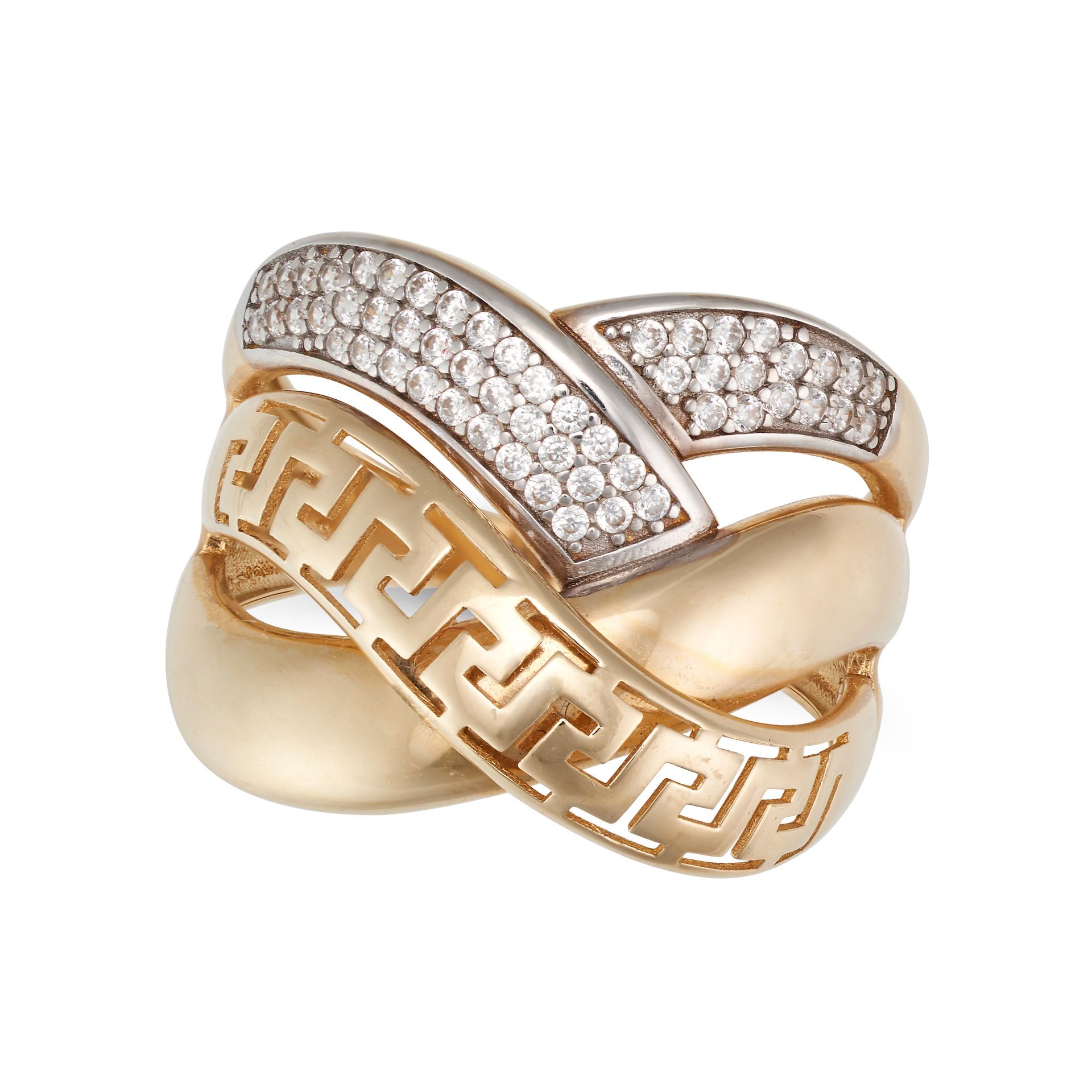 A DRESS RING in 14ct yellow gold, comprising four interlocking gold bands, two pave set with whit...
