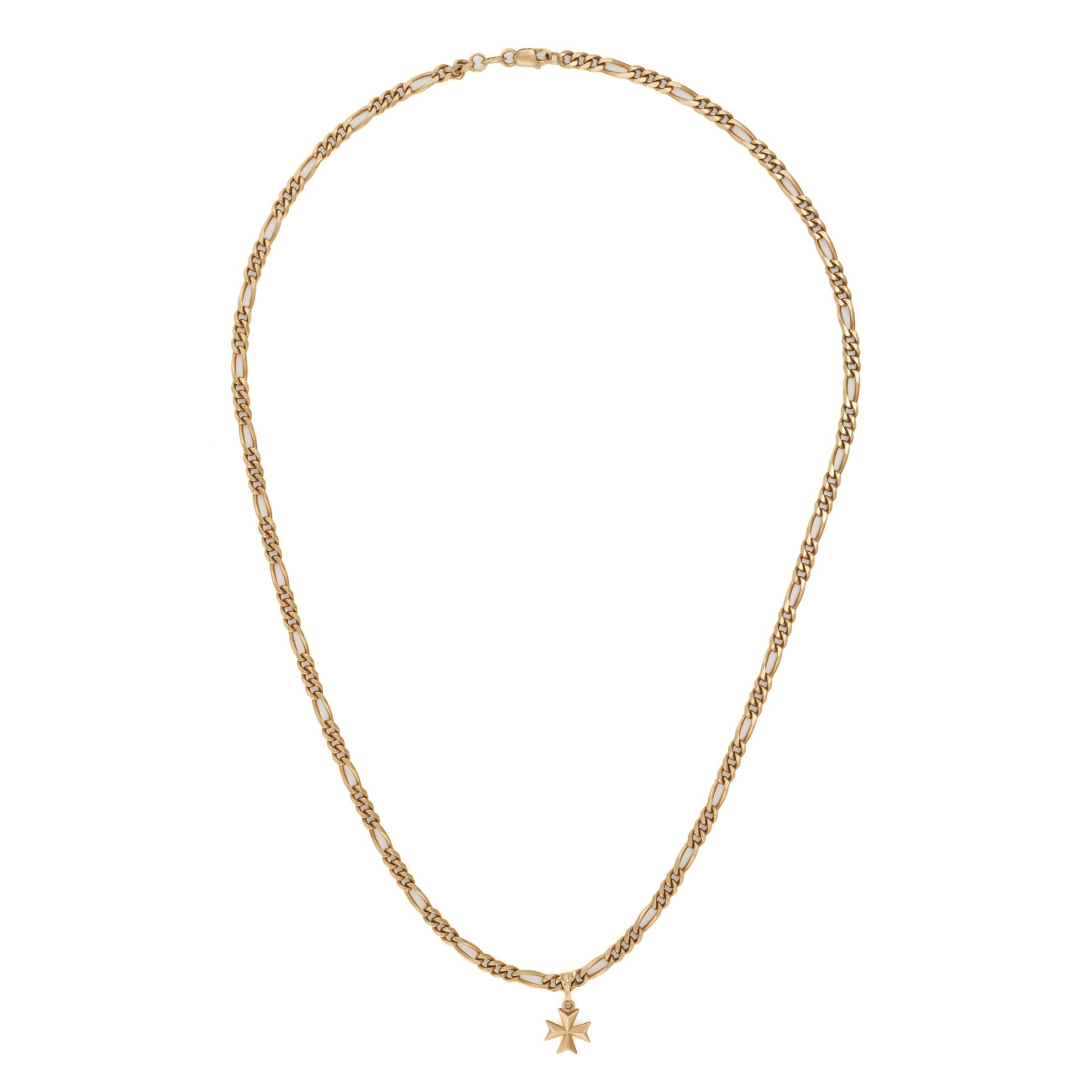 A CURB LINK CHAIN WITH PENDANT in 18ct yellow gold, a curb link chain suspending a Maltese cross ...