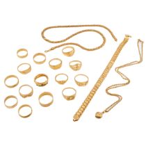 A MIXED LOT OF GOLD JEWELLERY in 22ct yellow gold, comprising fifteen rings, two necklaces, one w...