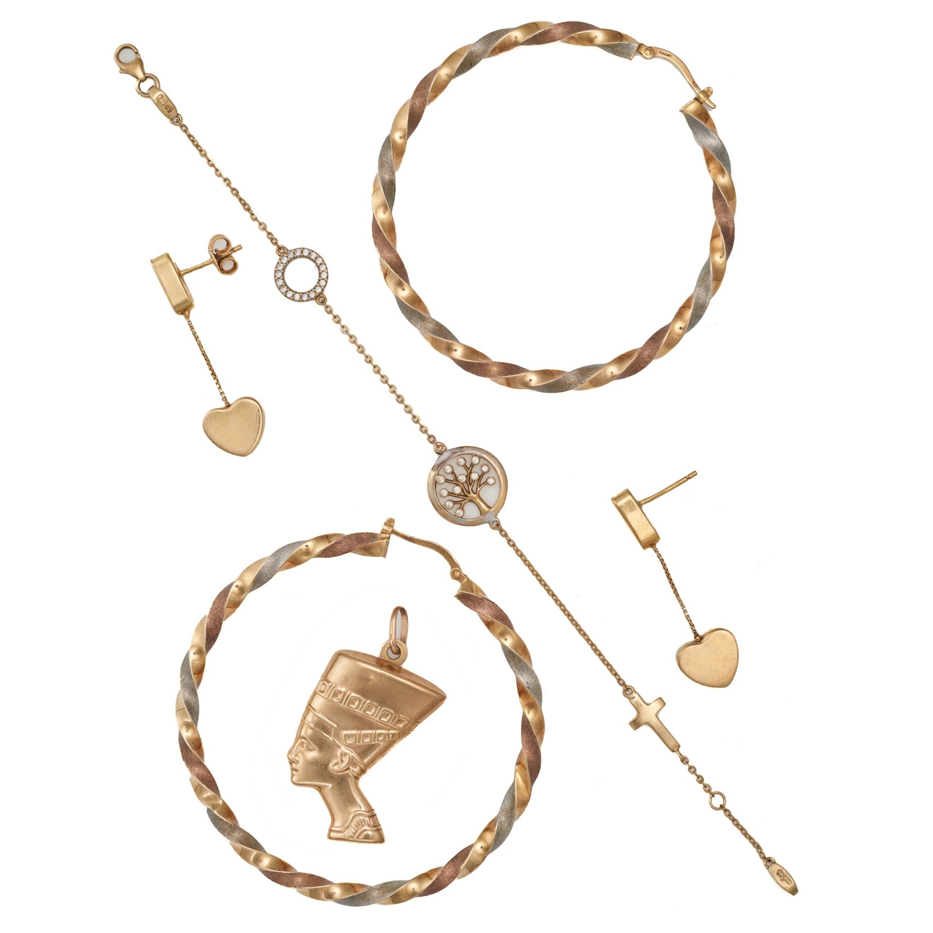 A MIXED LOT OF GOLD JEWELLERY in yellow gold, comprising a pair of earrings, a charm bracelet, a ...