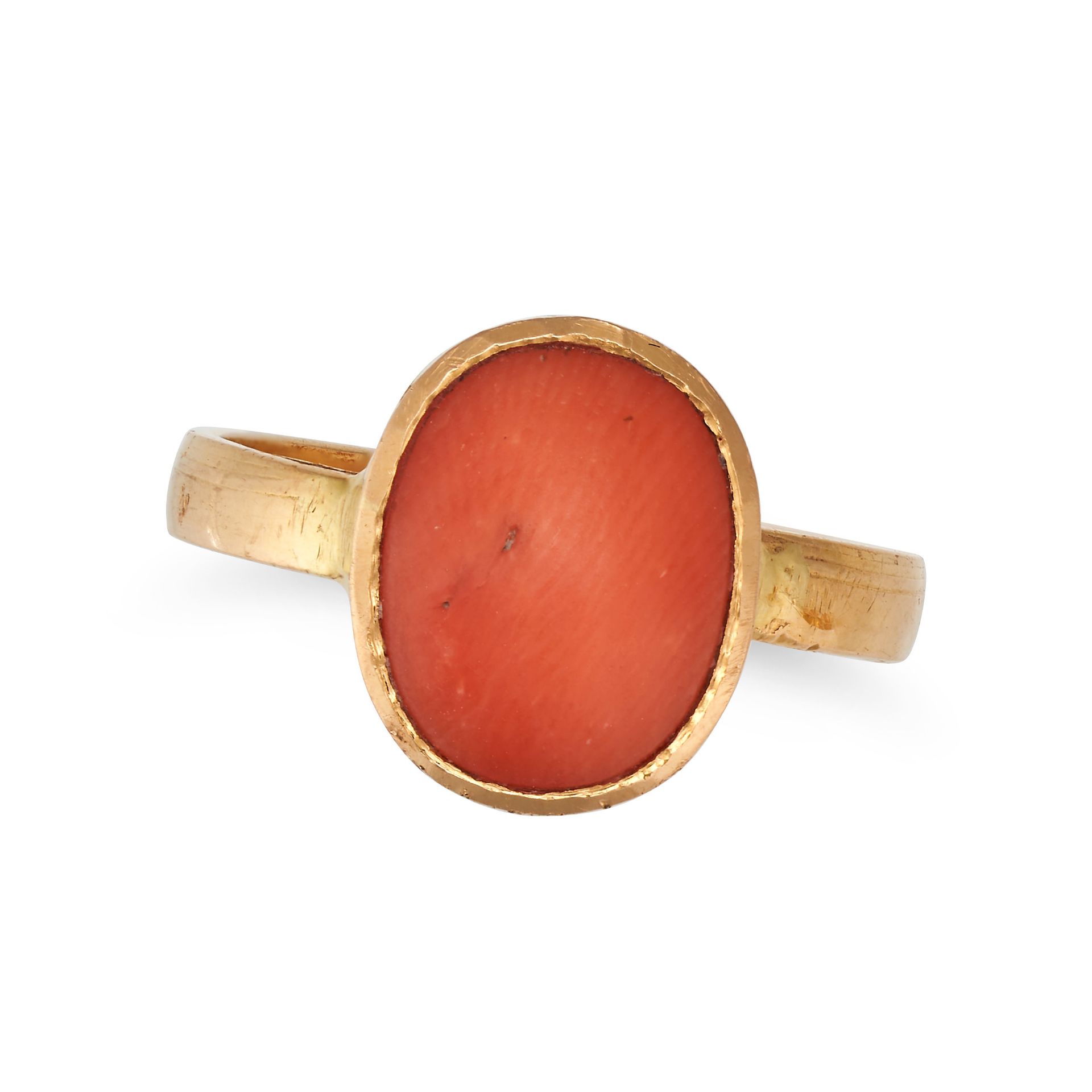 A CORAL RING in 22ct yellow gold, set with a cabochon coral, marked distinctly 916, size K1/2 / 5...