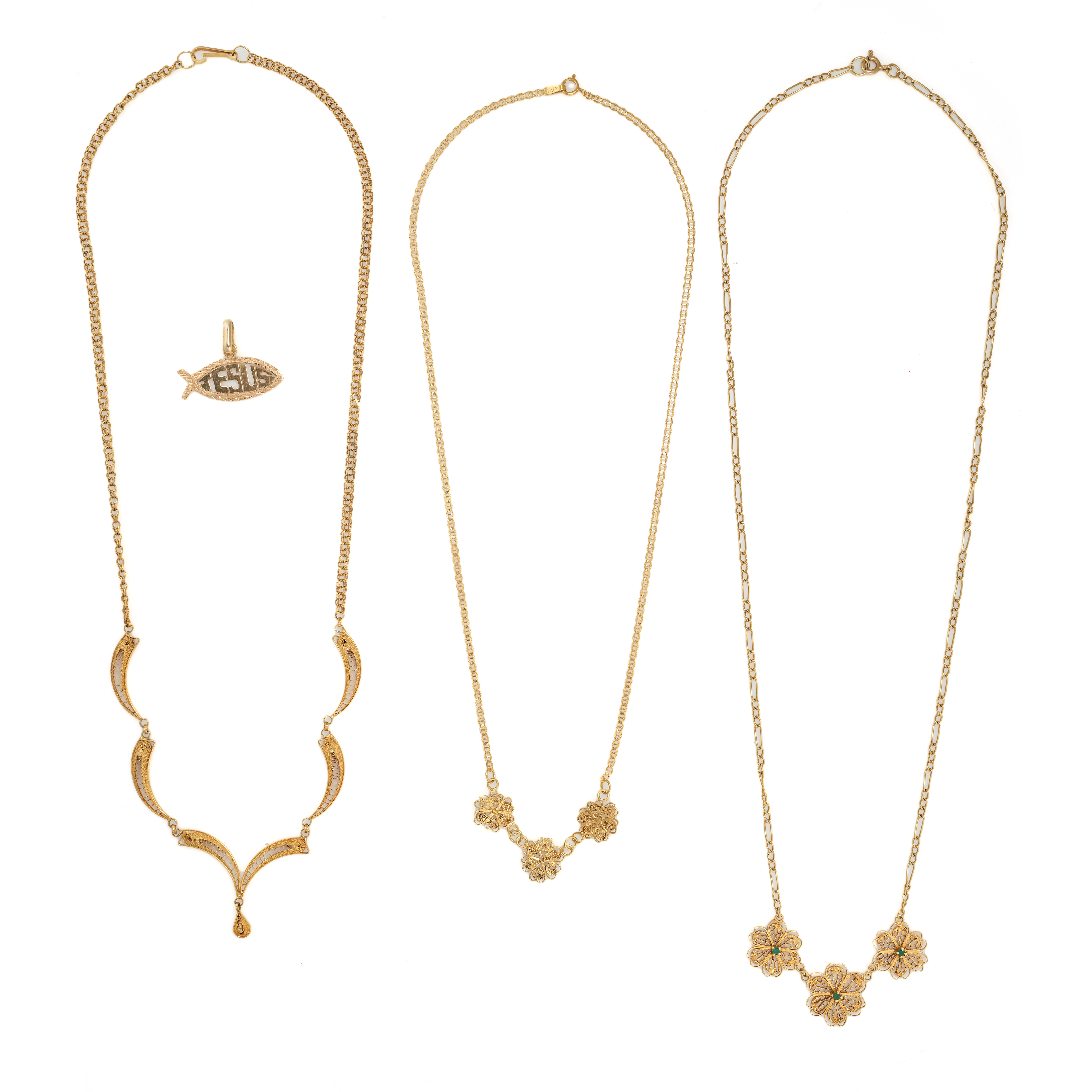 A MIXED LOT OF GOLD JEWELLERY in yellow gold, comprising three necklaces, two stamped 750, one no...