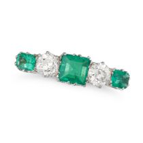 AN EMERALD AND DIAMOND FIVE STONE RING set with three rectangular step cut emeralds and two old c...