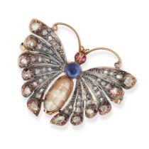 AN ANTIQUE PEARL, SAPPHIRE, DIAMOND AND RUBY BUTTERFLY BROOCH in yellow gold and silver, designed...