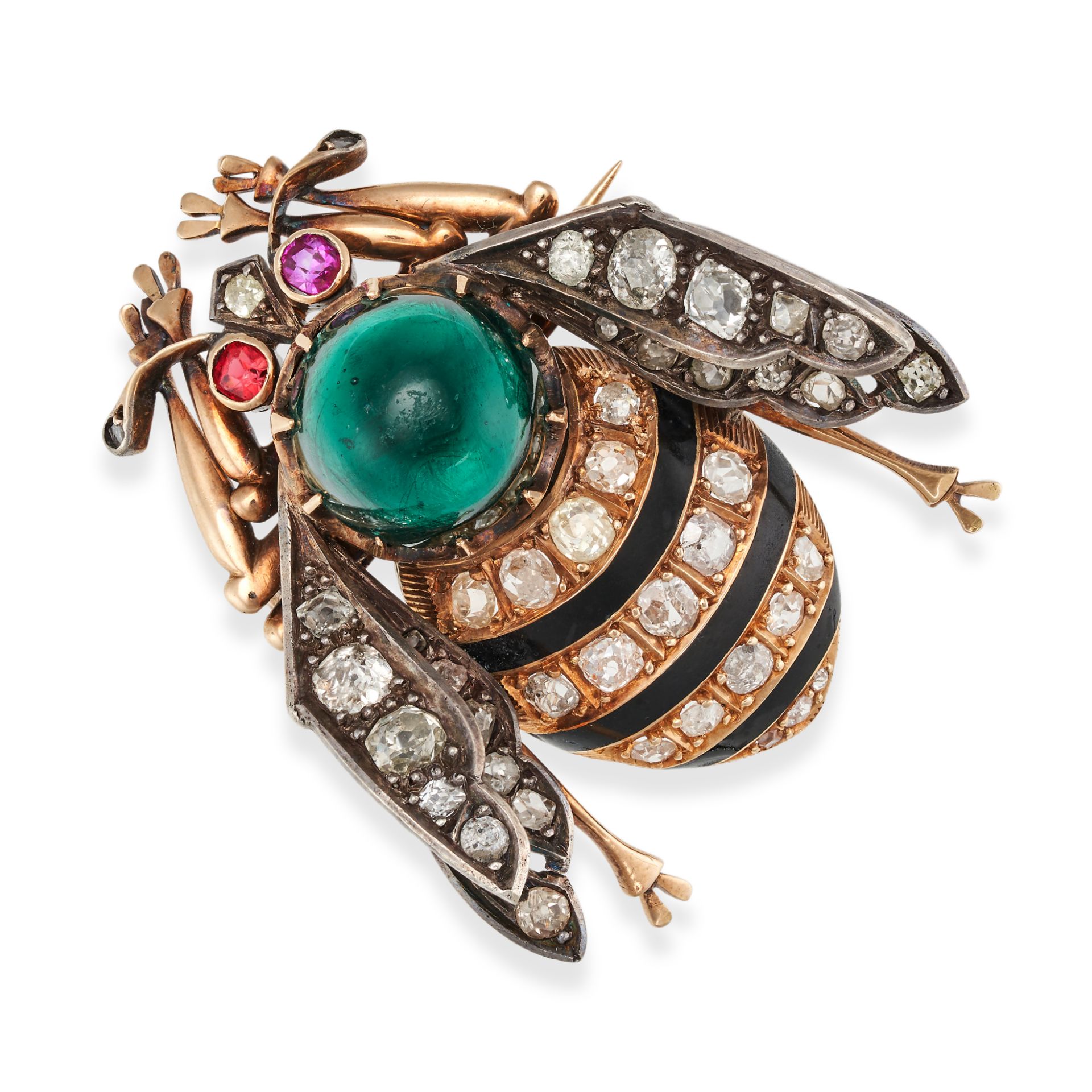 AN ANTIQUE GREEN GLASS, DIAMOND, RUBY AND ENAMEL BEE BROOCH in yellow gold and silver, designed a...