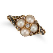 AN ANTIQUE VICTORIAN DIAMOND, PEARL AND ENAMEL MOURNING RING in yellow gold, set with an old cut ...