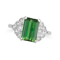 A GREEN TOURMALINE AND DIAMOND RING set with an octagonal step cut green tourmaline of approximat...