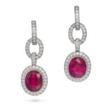 A PAIR OF RUBELLITE TOURMALINE AND DIAMOND DROP EARRINGS each comprising a hoop set with round br...