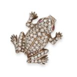 A DIAMOND AND RUBY FROG BROOCH designed as a frog set throughout with round cut diamonds, the eye...