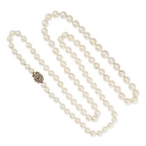 A PEARL AND DIAMOND NECKLACE comprising a row of pearls ranging from 5.7mm to 8.5mm, the antique ...