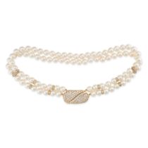 A PEARL AND DIAMOND CHOKER NECKLACE comprising two rows of pearls measuring 7.6mm, interspersed w...