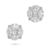 A PAIR OF DIAMOND EARRINGS in 18ct white gold, each set with a princess cut diamond in a border o...