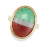 A TRICOLOUR JADE RING set with an oval cabochon jade, stamped 585 14K, size N1/2 / 7, 5.6g.