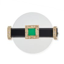 A VINTAGE CHRYSOPRASE, ROCK CRYSTAL, ONYX AND DIAMOND BROOCH comprising a rock crystal disc set w...