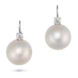 A PAIR OF PEARL AND DIAMOND EARRINGS each set with a round brilliant cut diamond suspending a pea...