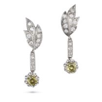 A PAIR OF DEMANTOID GARNET AND DIAMOND EARRINGS in 18ct white gold, each comprising a foliate mot...