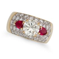 A DIAMOND AND RUBY BOMBE RING set to the centre with a round brilliant cut diamond of 1.81 carats...