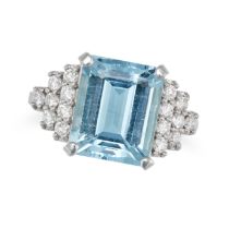 AN AQUAMARINE AND DIAMOND DRESS RING set with an octagonal step cut aquamarine of approximately 5...