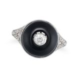 AN ONYX AND DIAMOND RING the polished onyx face set with a round brilliant cut diamond, the shoul...