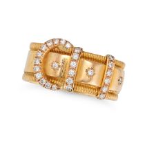 AN ANTIQUE DIAMOND BELT RING in 18ct yellow gold, designed as a belt set with round brilliant cut...