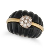 A DIAMOND AND ONYX BOMBE RING set with a cluster of round brilliant cut diamonds, the bombe face ...