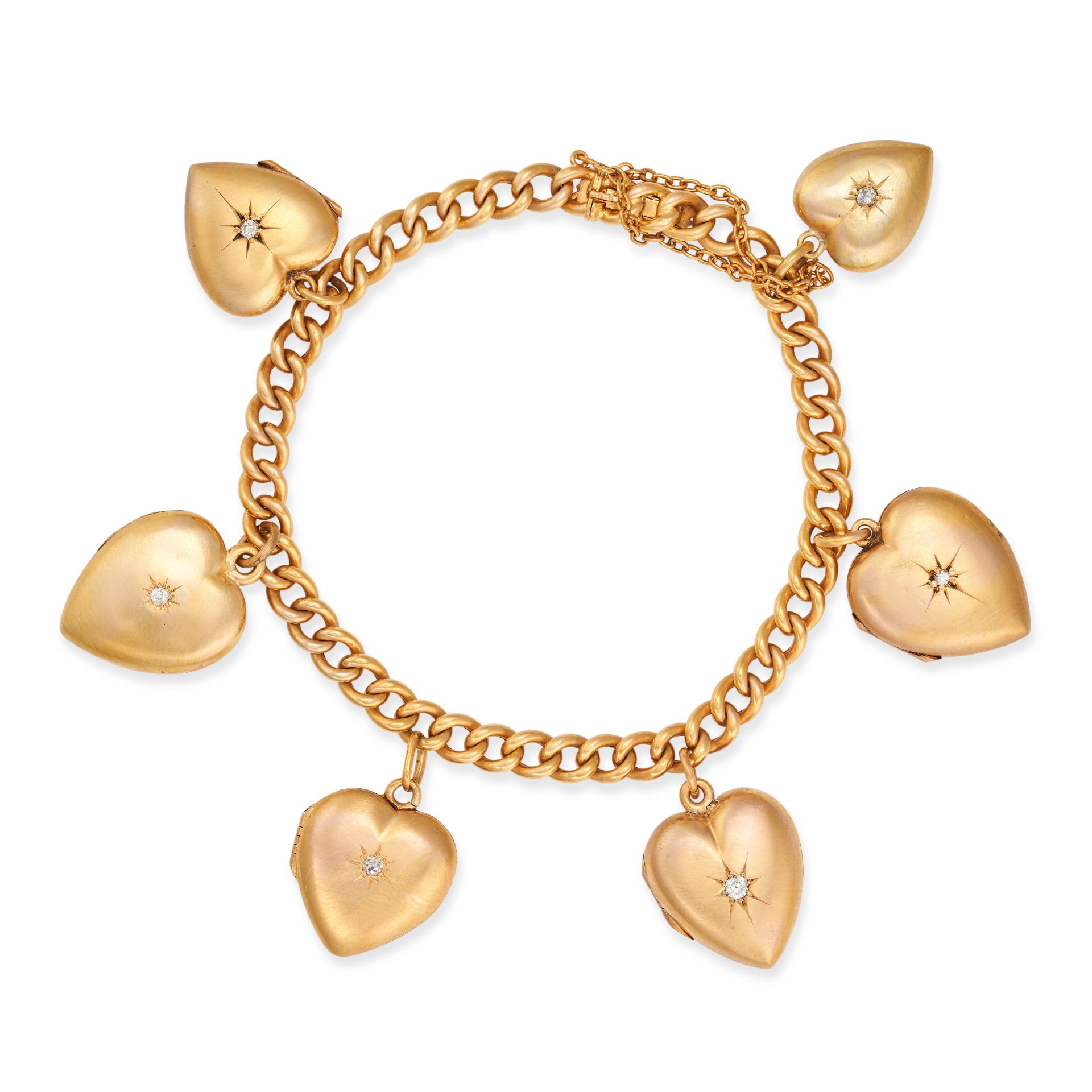 AN ANTIQUE DIAMOND HEART CHARM BRACELET the curb chain suspending five heart shaped locket pendan...