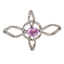 AN ANTIQUE PINK TOPAZ AND DIAMOND BROOCH in yellow gold and silver, designed as a stylised bow se...