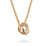 CARTIER, A TRINITY NECKLACE comprising three interlocking tricolour gold rings, suspended from a ...