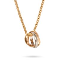 CARTIER, A TRINITY NECKLACE comprising three interlocking tricolour gold rings, suspended from a ...