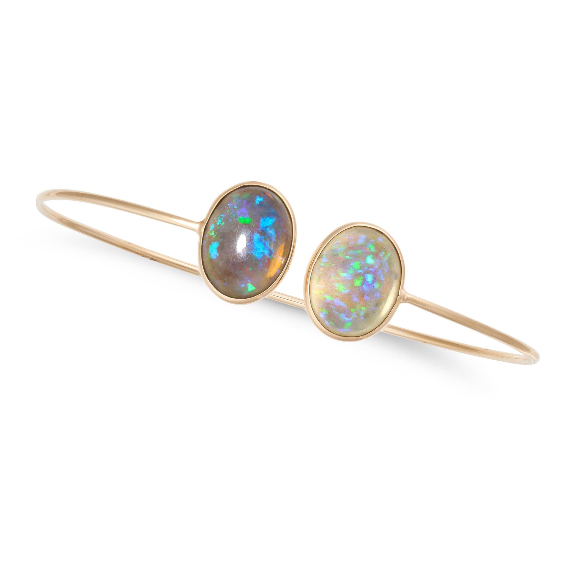 A BLACK OPAL BANGLE the open cuff bangle set with two oval cabochon black opals, stamped 18K, inn...