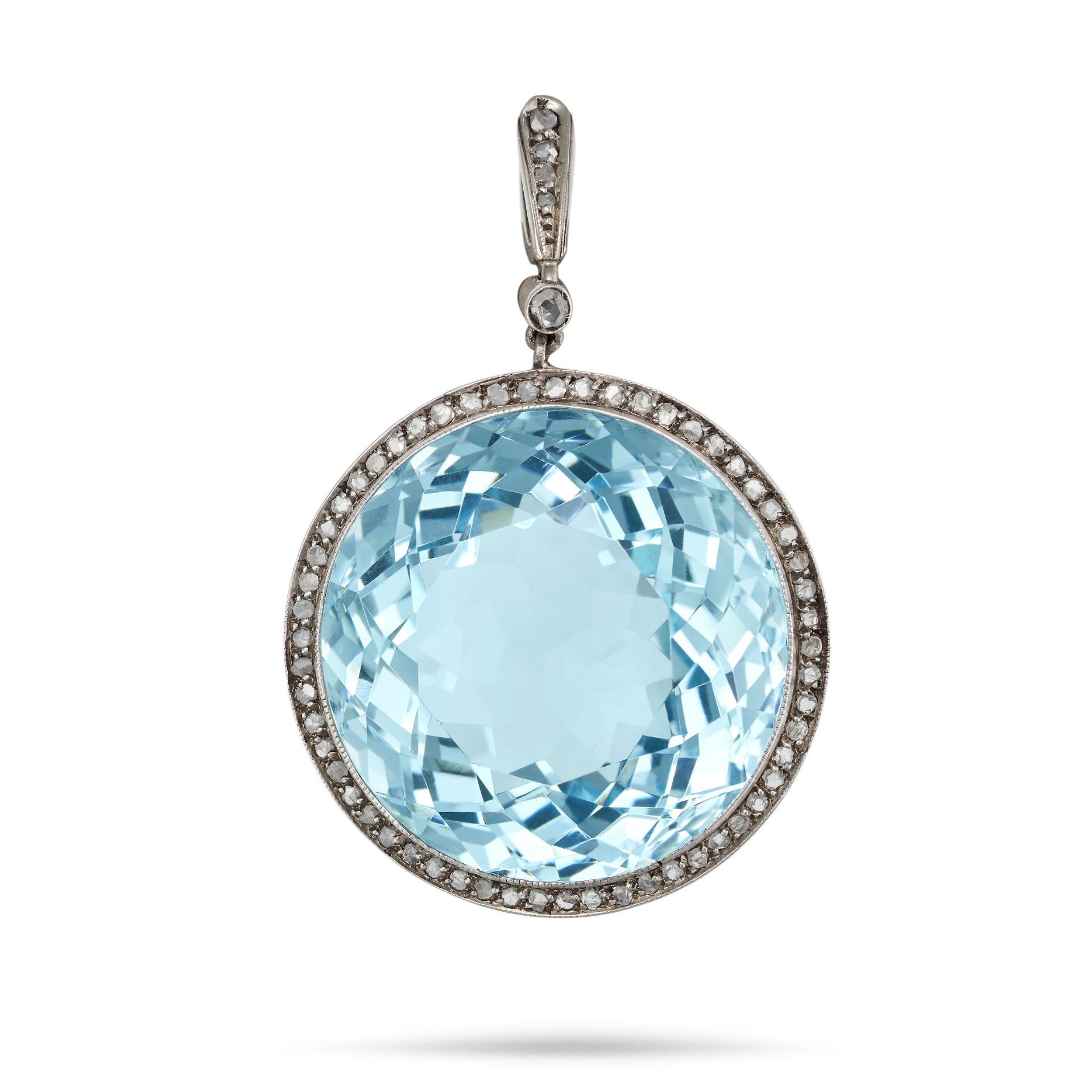 AN AQUAMARINE AND DIAMOND PENDANT set with a round cut aquamarine of approximately 34.05 carats i...