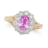 AN UNHEATED PINK SAPPHIRE AND DIAMOND CLUSTER RING in 18ct yellow gold, set with an oval cut pink...