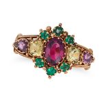 AN ANTIQUE GARNET, CHRYSOLITE AND GREEN PASTE RING in yellow gold, set with an oval cut garnet ac...