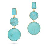 NO RESERVE - A PAIR OF RECONSTITUTED TURQUOISE DROP EARRINGS each comprising a row of three gradu...
