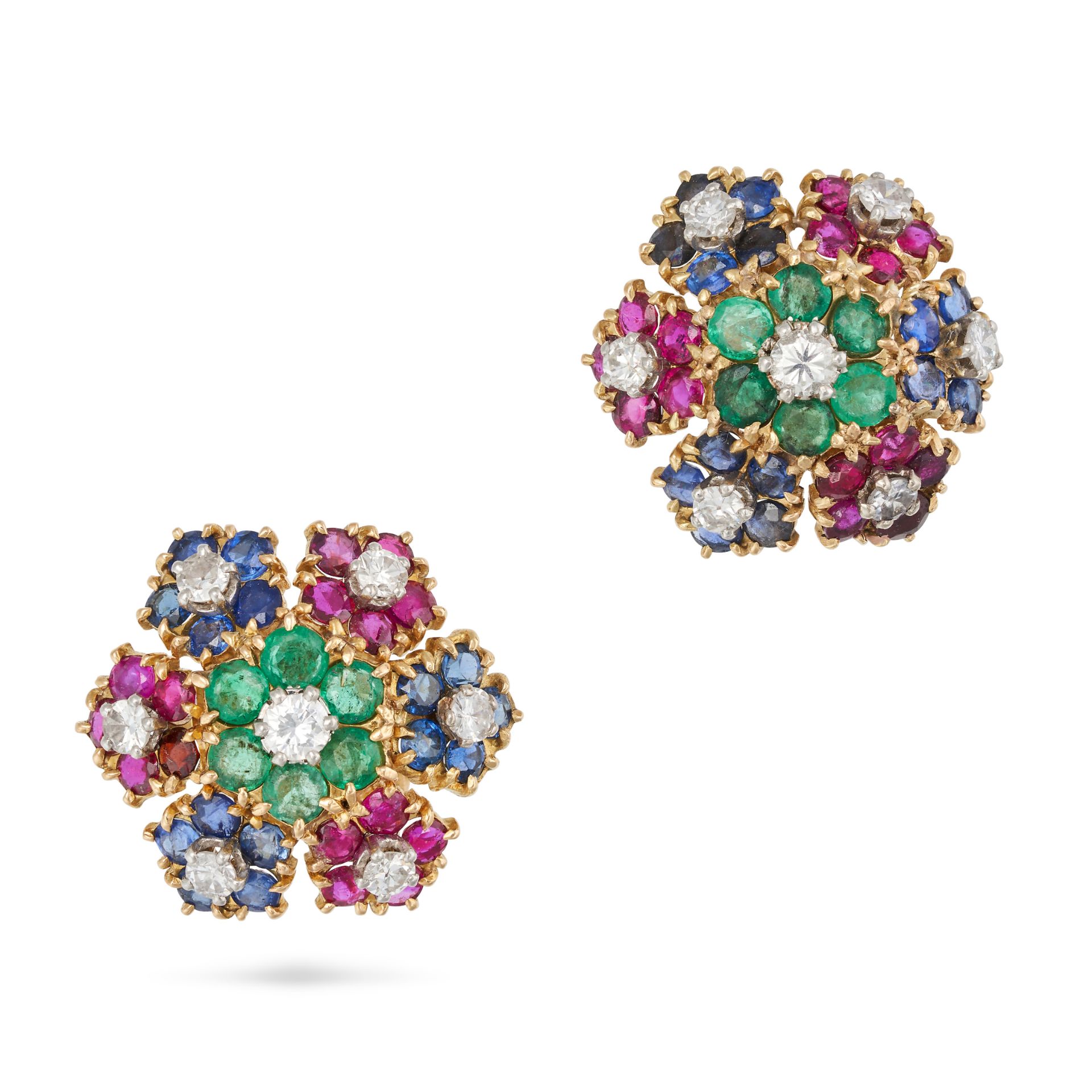 A PAIR OF FRENCH GEMSET CLIP EARRINGS in 18ct yellow gold and platinum, designed as a cluster of ...