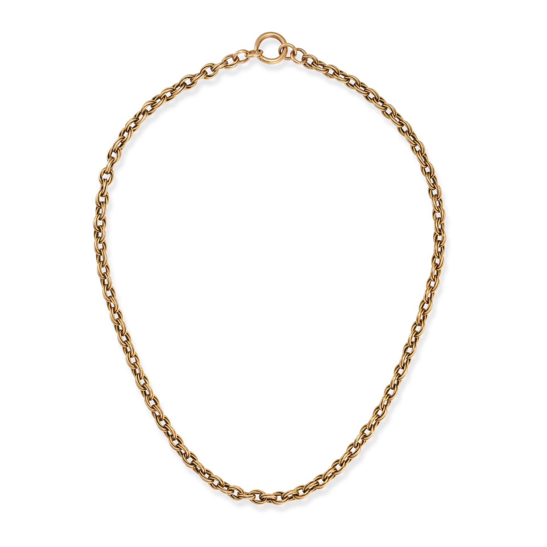 A VINTAGE CHAIN NECKLACE in yellow gold, comprising a row of fancy links, no assay marks, 50.0cm,...