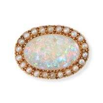 AN OPAL AND PEARL BROOCH set with an oval cabochon cut opal of approximately 5.75 carats in a bor...