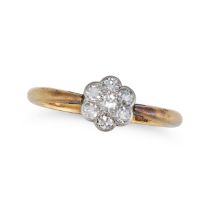 A DIAMOND CLUSTER RING set with a cluster of single cut diamonds, stamped 18C, size N1/2 / 7, 2.2g.