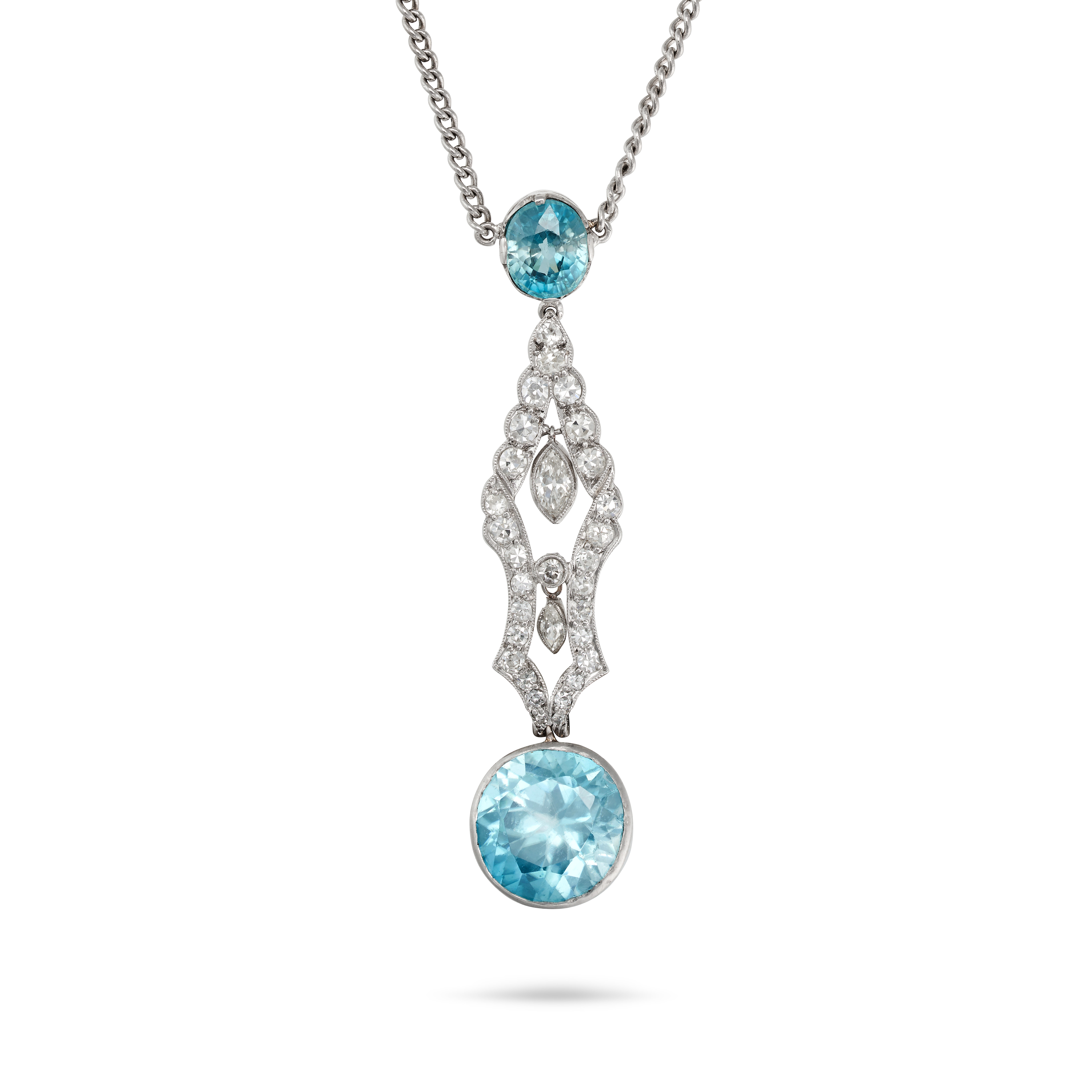 A BLUE ZIRCON AND DIAMOND PENDANT NECKLACE the pendant set with an oval cut blue zircon suspendin...